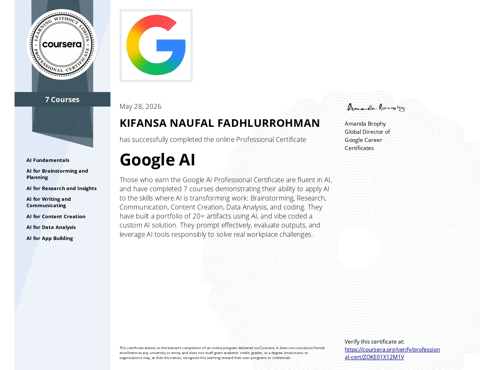 Google AI Professional Certificate certificate